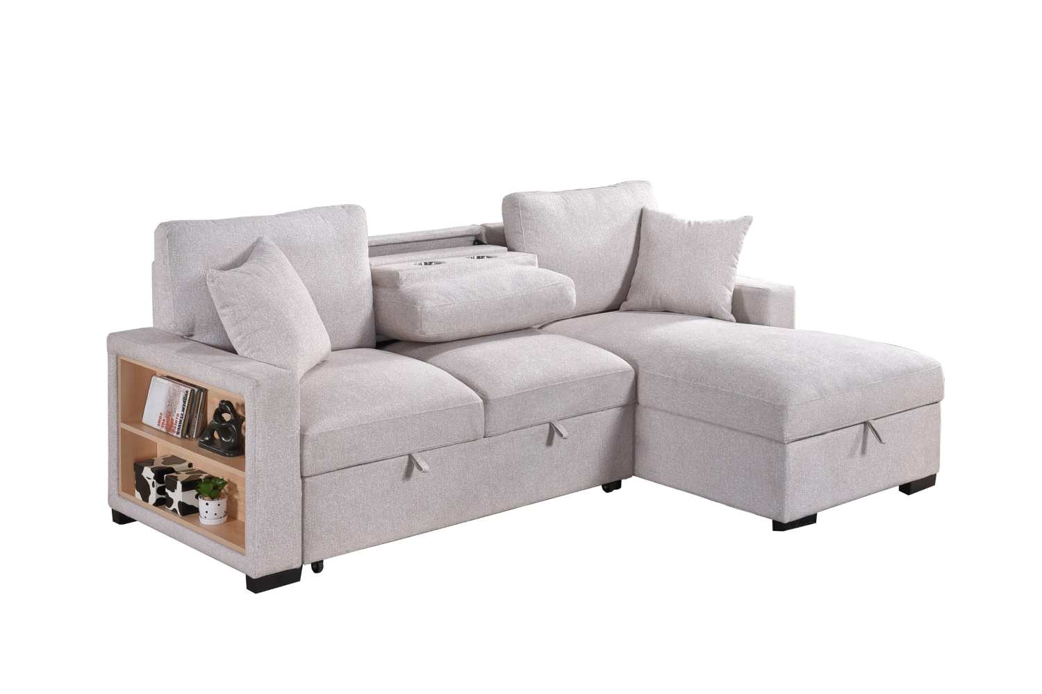 Pallas Beige Fabric Sofa Bed With Lift-Up Storage & Bookcase Arms 99630