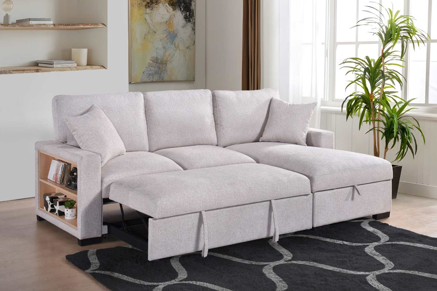 Pallas Beige Fabric Sofa Bed With Lift-Up Storage & Bookcase Arms 99630