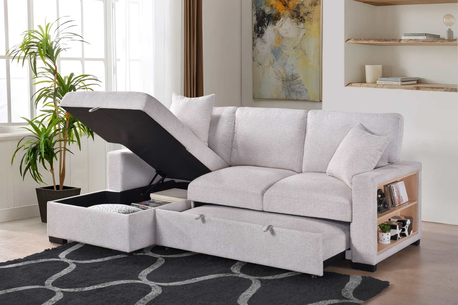 Pallas Beige Fabric Sofa Bed With Lift-Up Storage & Bookcase Arms 99630