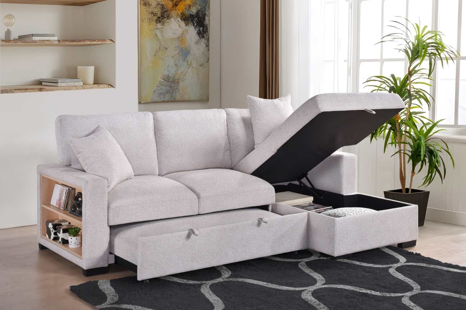 Pallas Beige Fabric Sofa Bed With Lift-Up Storage & Bookcase Arms 99630