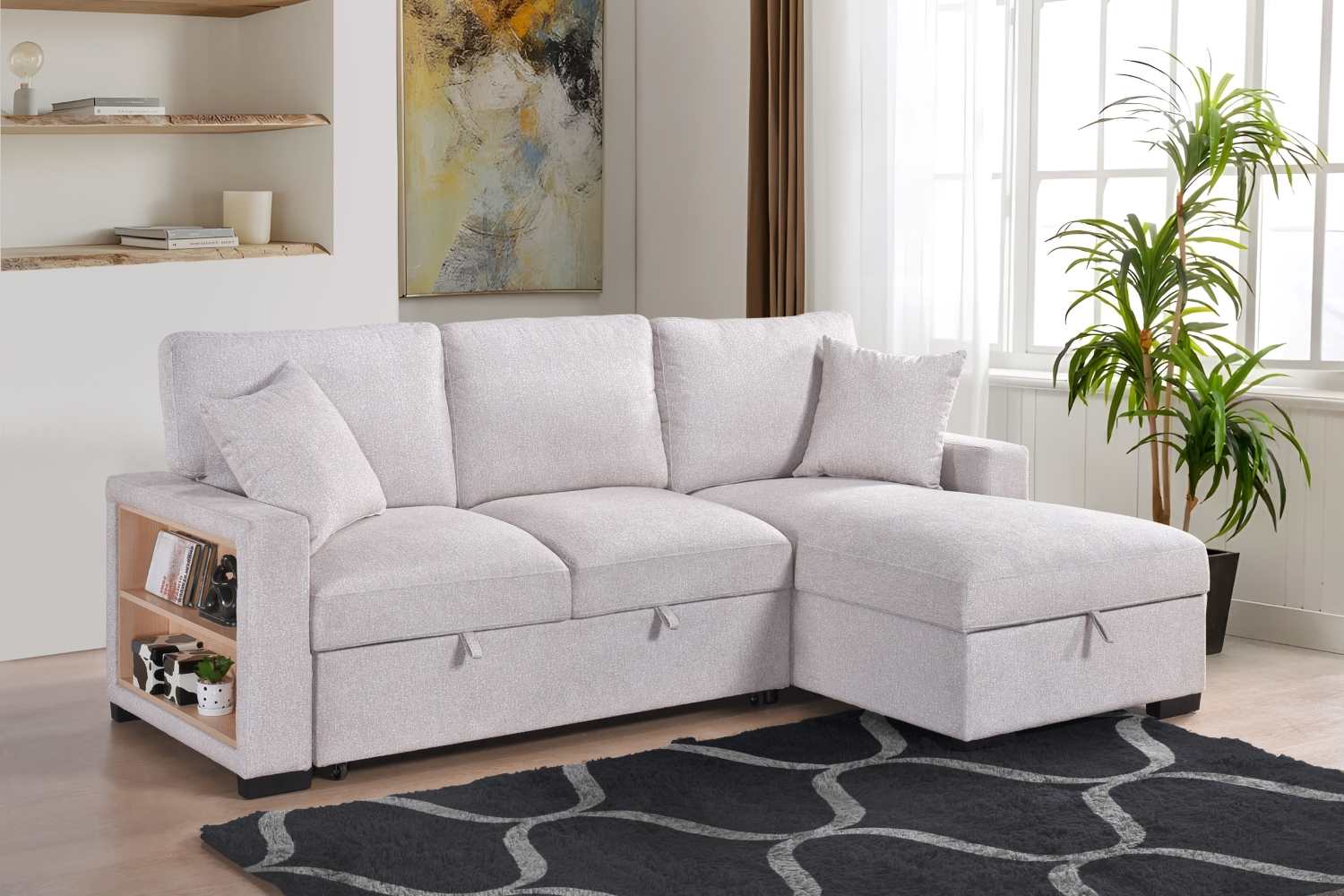 Pallas Beige Fabric Sofa Bed With Lift-Up Storage & Bookcase Arms 99630