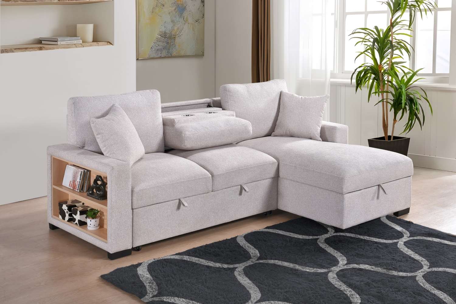 Pallas Beige Fabric Sofa Bed With Lift-Up Storage & Bookcase Arms 99630
