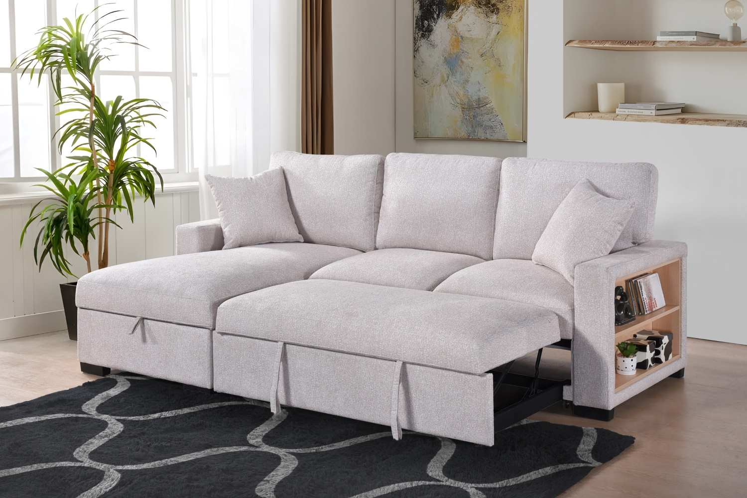 Pallas Beige Fabric Sofa Bed With Lift-Up Storage & Bookcase Arms 99630