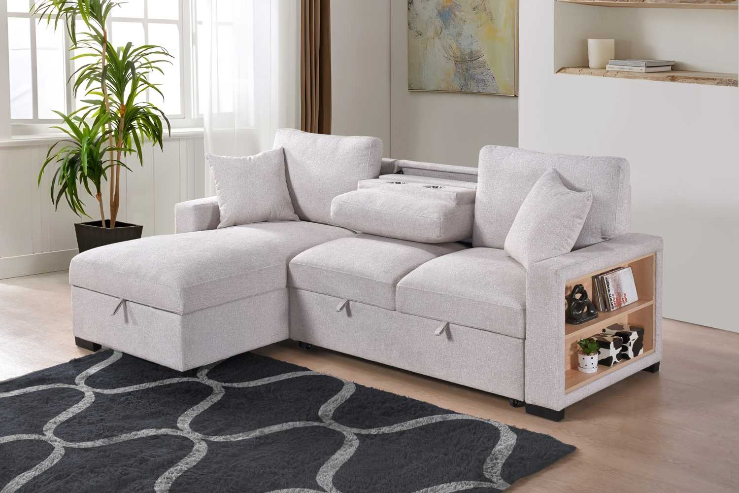 Pallas Beige Fabric Sofa Bed With Lift-Up Storage & Bookcase Arms 99630