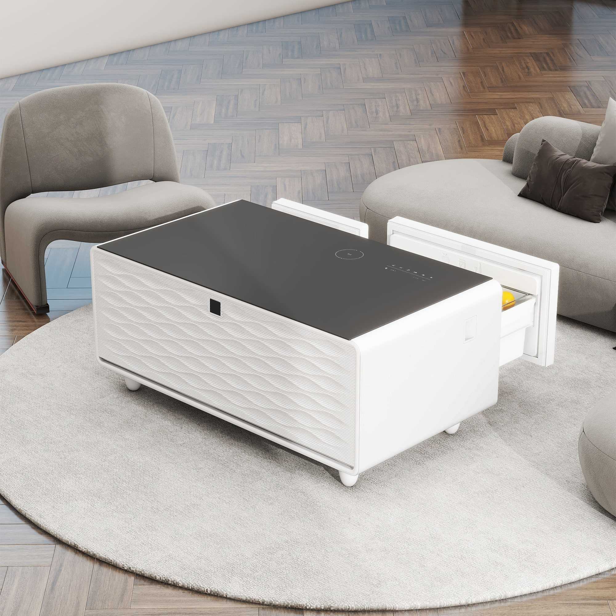Party Time Smart Fridge Coffee Table With Music Player And Charging Station White
