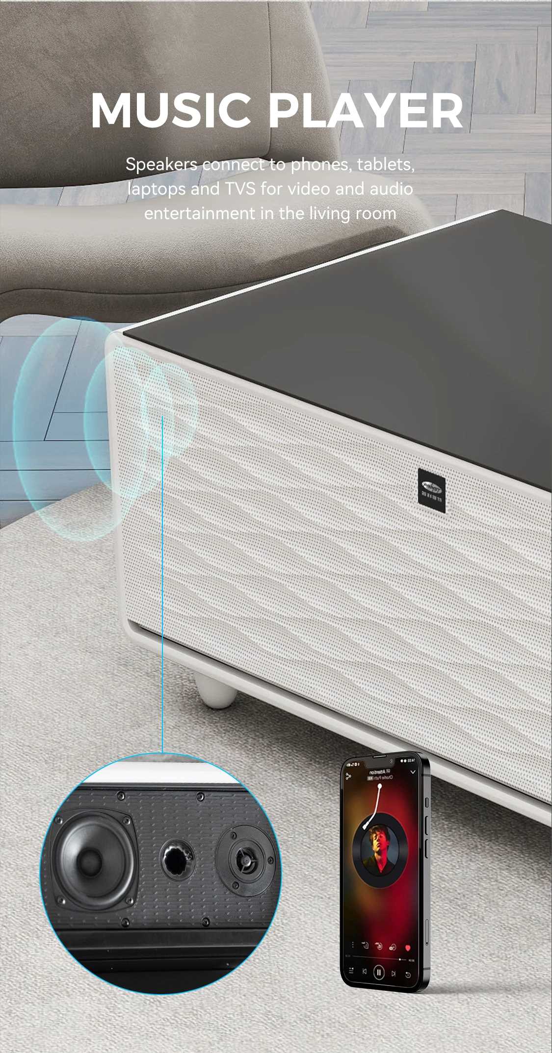 Party Time Smart Fridge Coffee Table With Music Player And Charging Station White