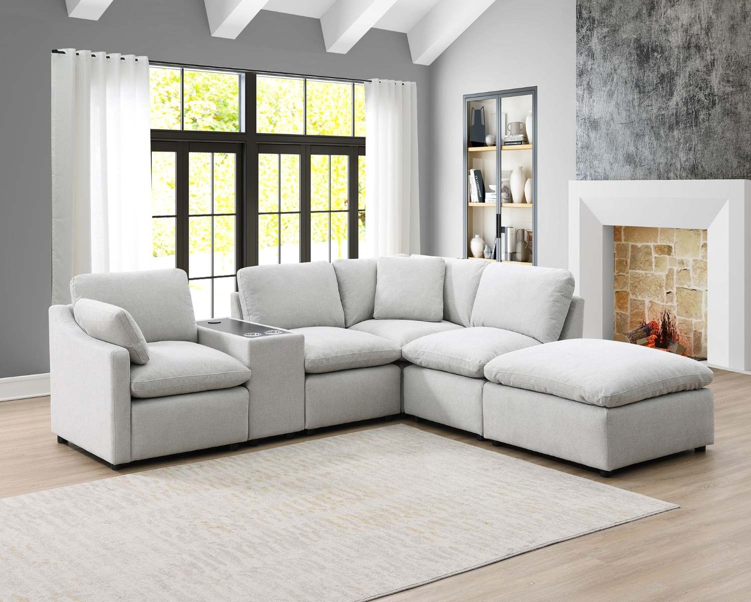 Pippa 6-Piece Modular Sectional with Left Side Arm Chair, Console & Right Side Ottoman Chaise 99076LGYSSO6L