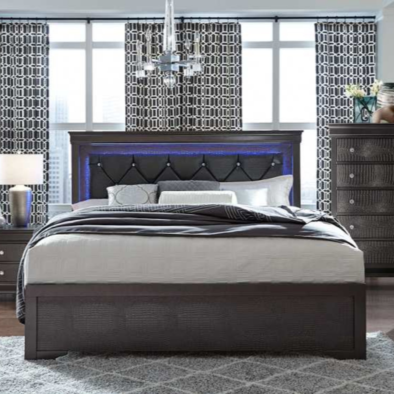Pompei Grey Wooden Bed with PU Chrystal Headboard