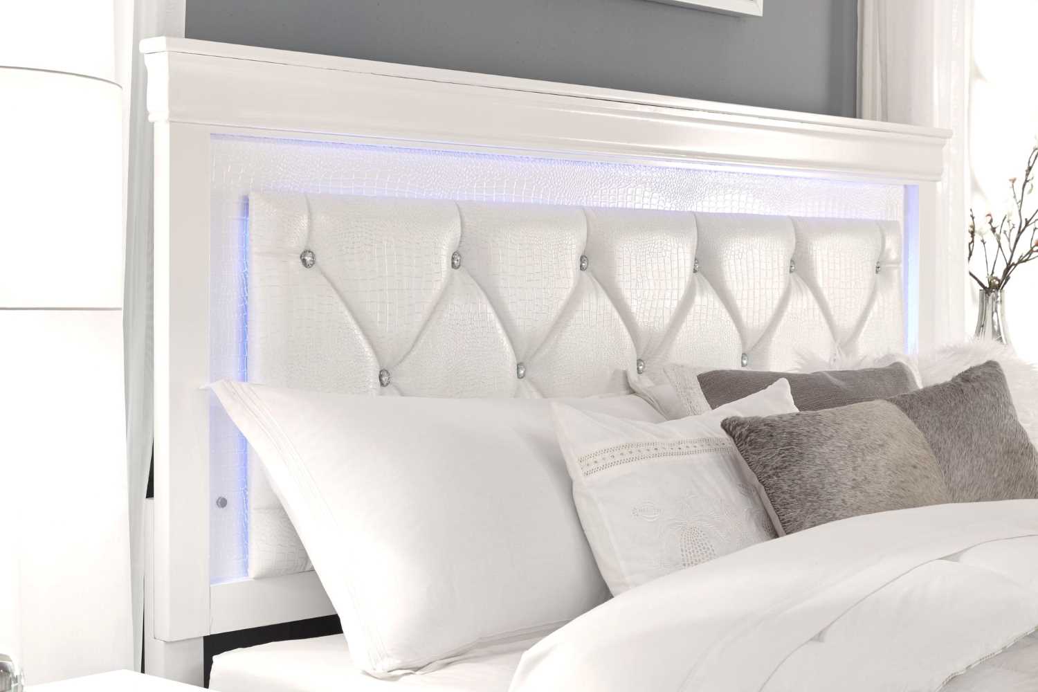 Pompei White Wooden Bed with PU Chrystal Headboard