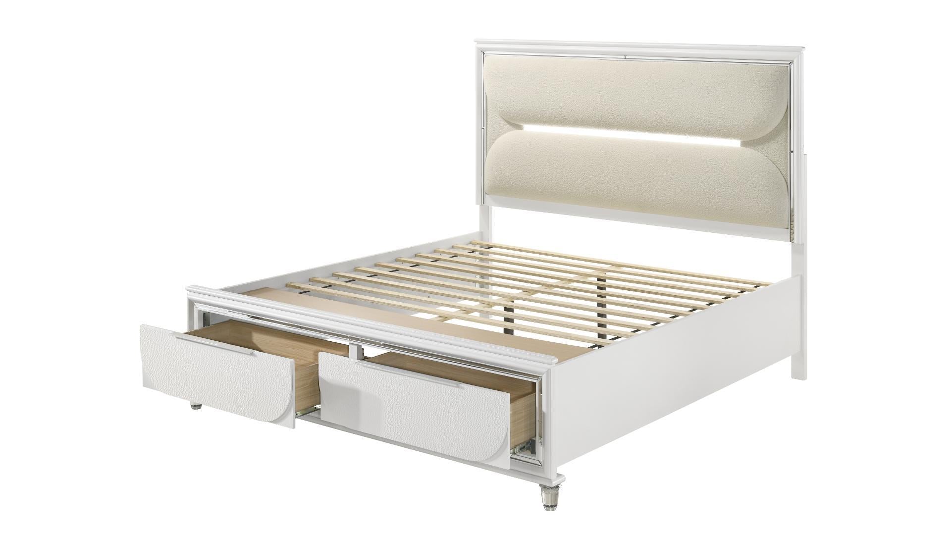 Rachel White 6PC Storage Bedroom Set With Boucle Fabric Headboard 1621