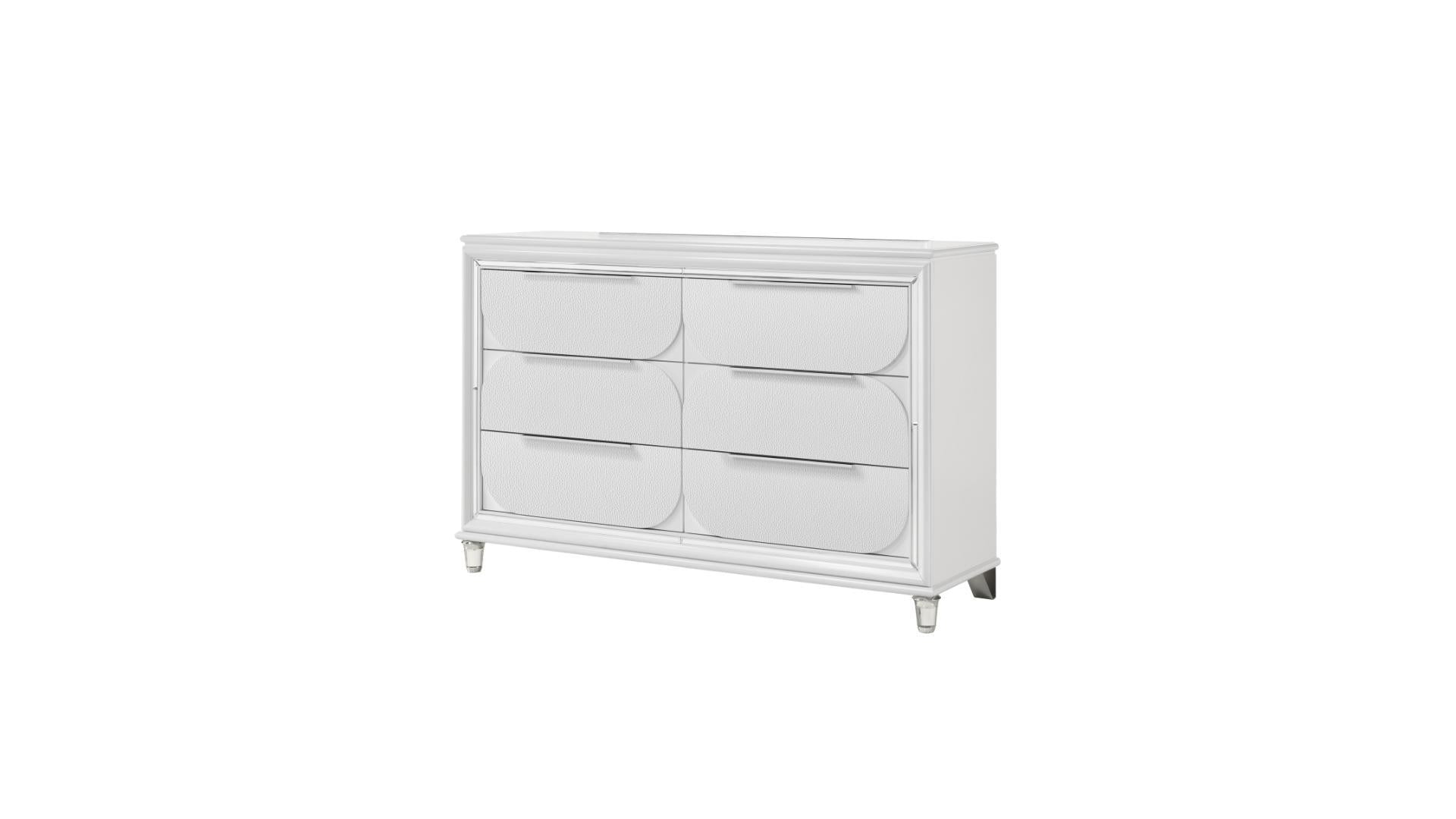 Rachel White 6PC Storage Bedroom Set With Boucle Fabric Headboard 1621