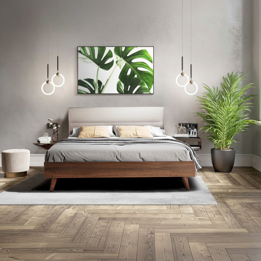 Radcliffe Walnut & Beige Upholstered Platform Bed 5897