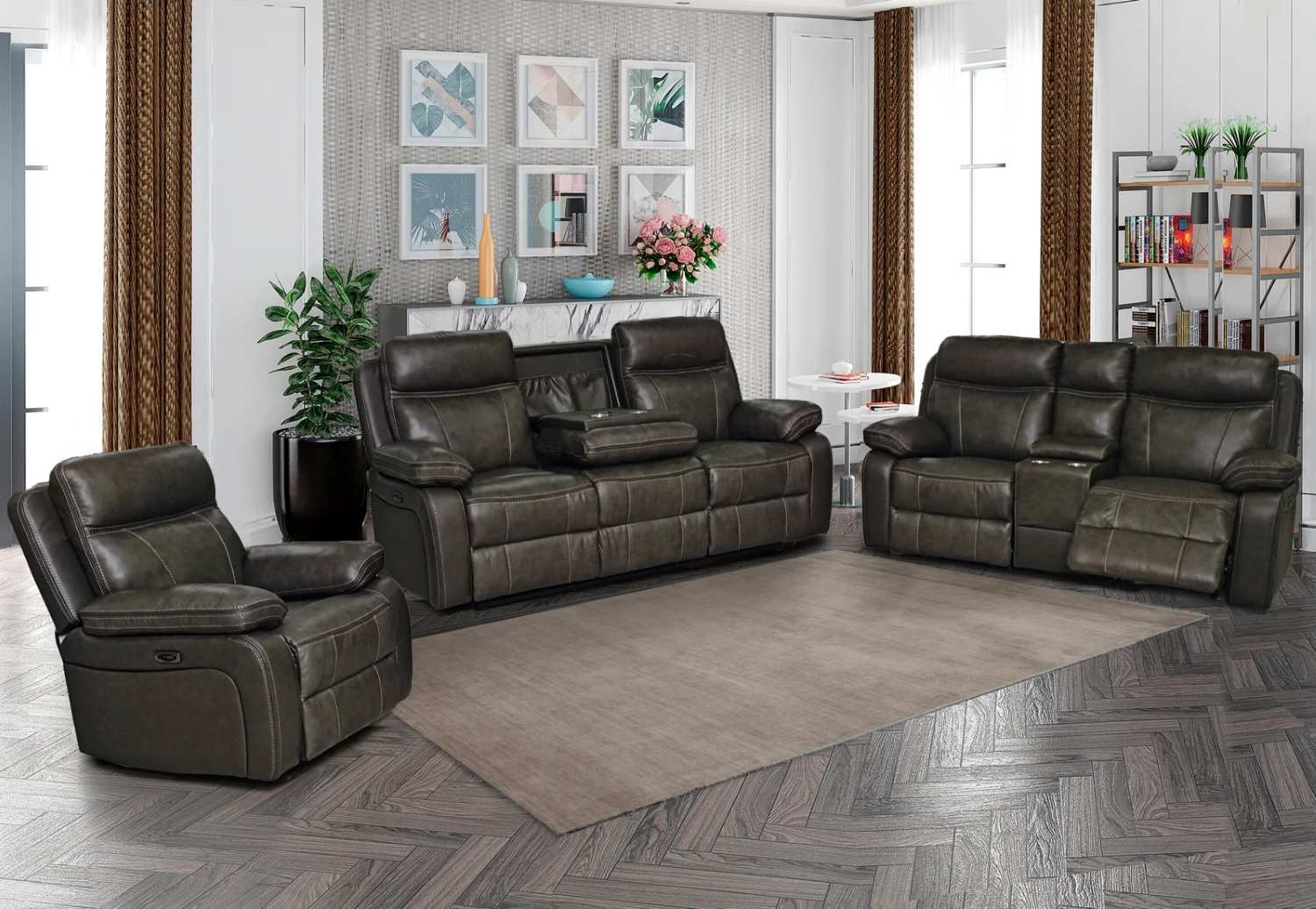 Real Leather Power Recliner Set with Dropdown Tray 543