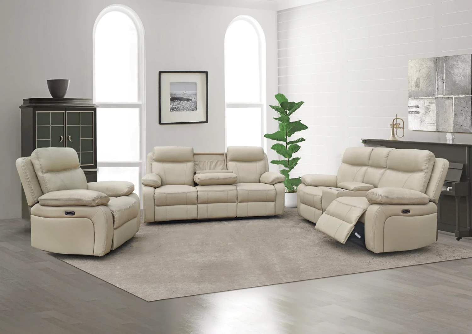 Real Leather Power Recliner Set with Dropdown Tray Beige 543