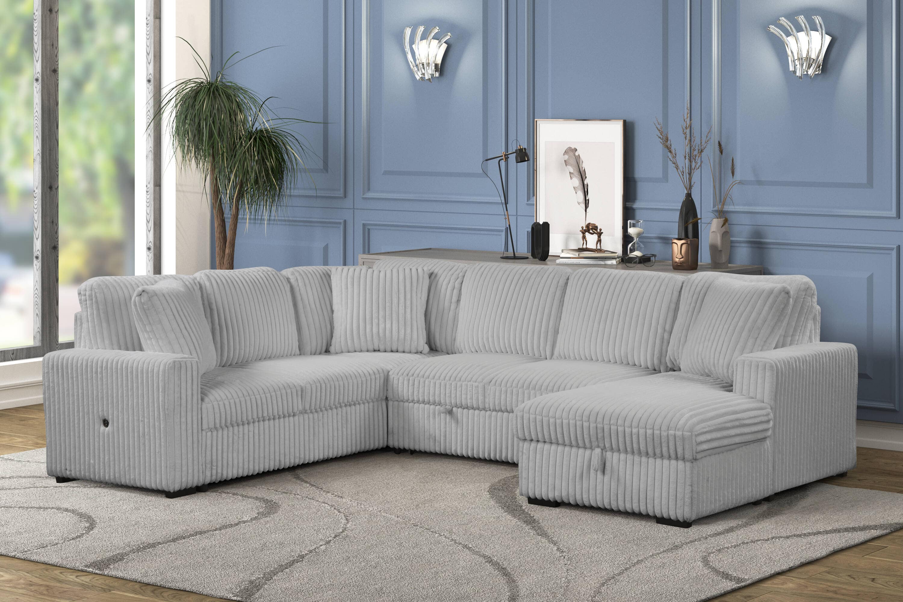 Relive Sectional Pull Out Sleeper Couch With Storage Chaise - Grey Corduroy Fabric 2045