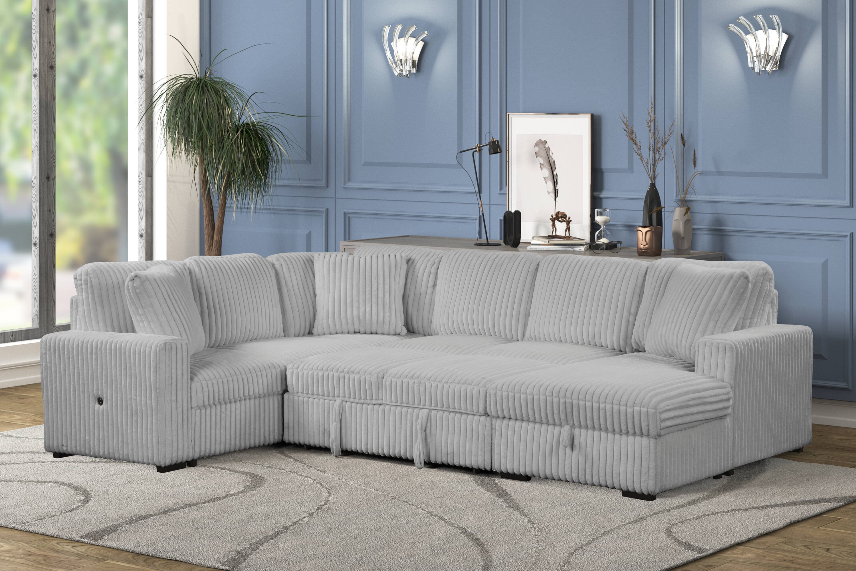 Relive Sectional Pull Out Sleeper Couch With Storage Chaise - Grey Corduroy Fabric 2045