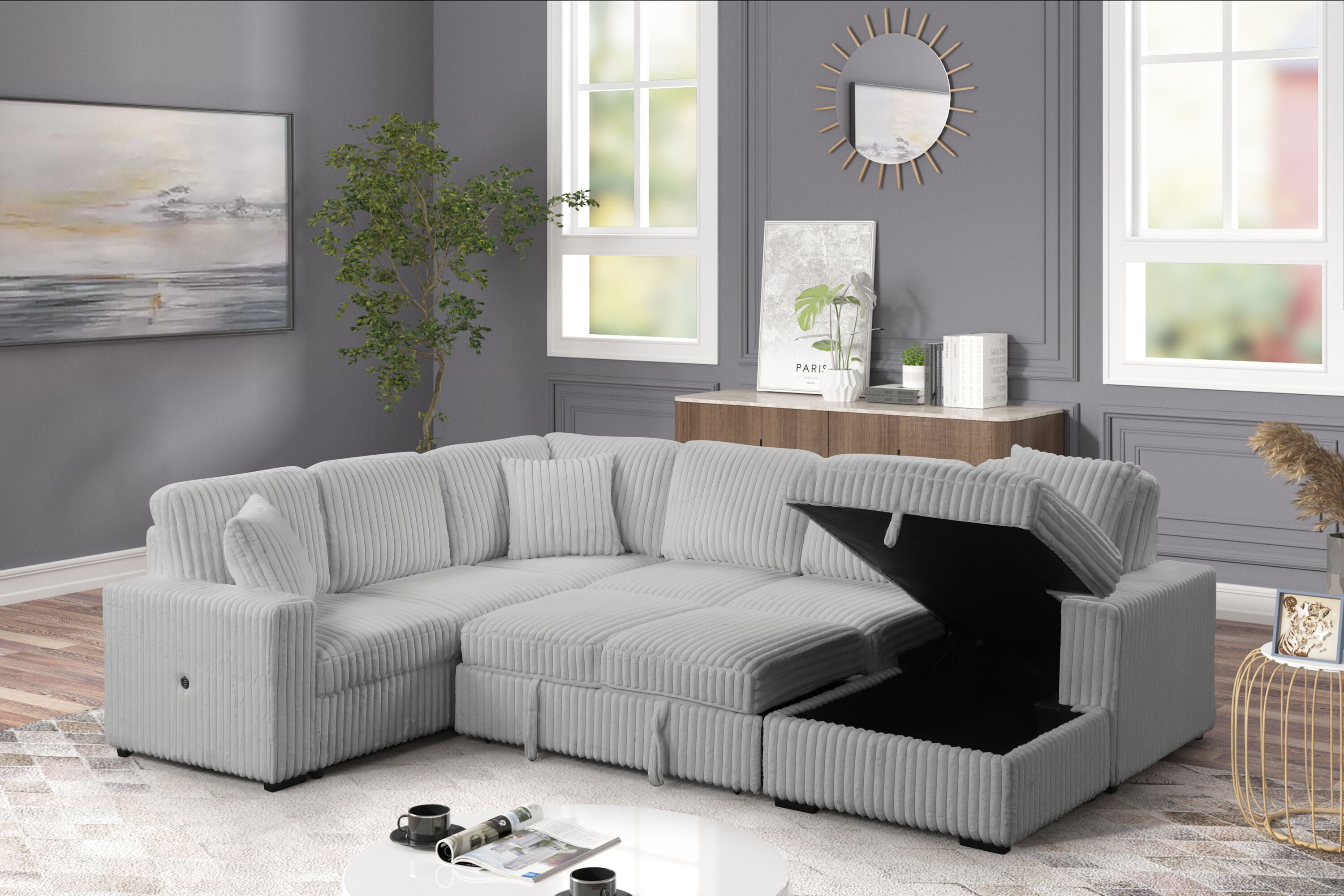 Relive Sectional Pull Out Sleeper Couch With Storage Chaise - Grey Corduroy Fabric 2045