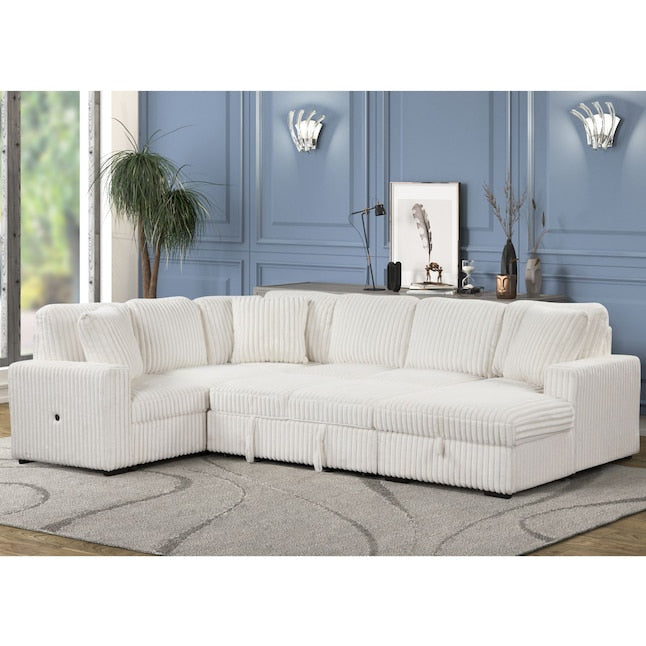 Relive Sectional Pull Out Sleeper Couch With Storage Chaise - Beige Corduroy Fabric 2045