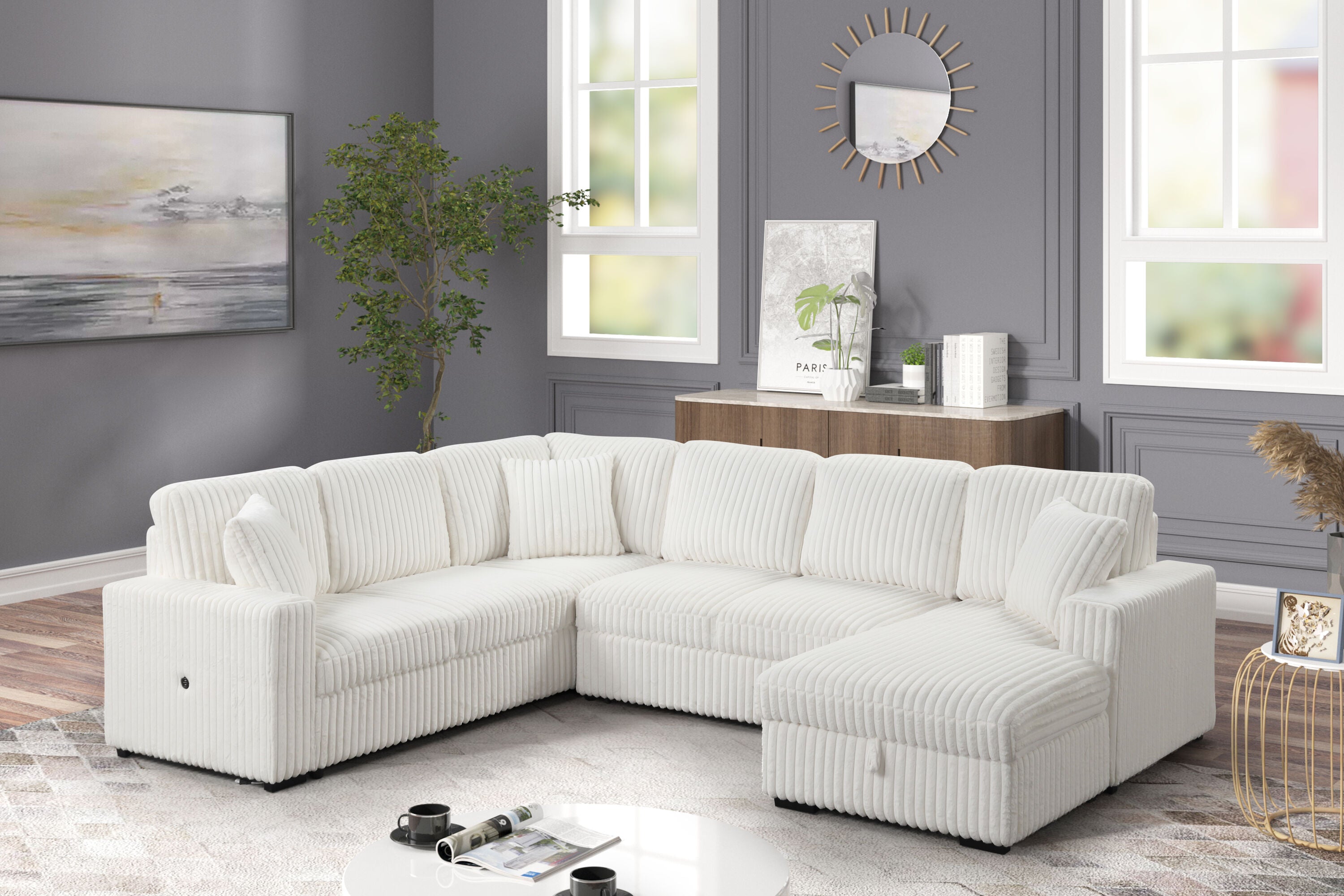 Relive Sectional Pull Out Sleeper Couch With Storage Chaise - Beige Corduroy Fabric 2045
