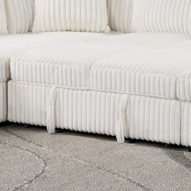 Relive Sectional Pull Out Sleeper Couch With Storage Chaise - Beige Corduroy Fabric 2045