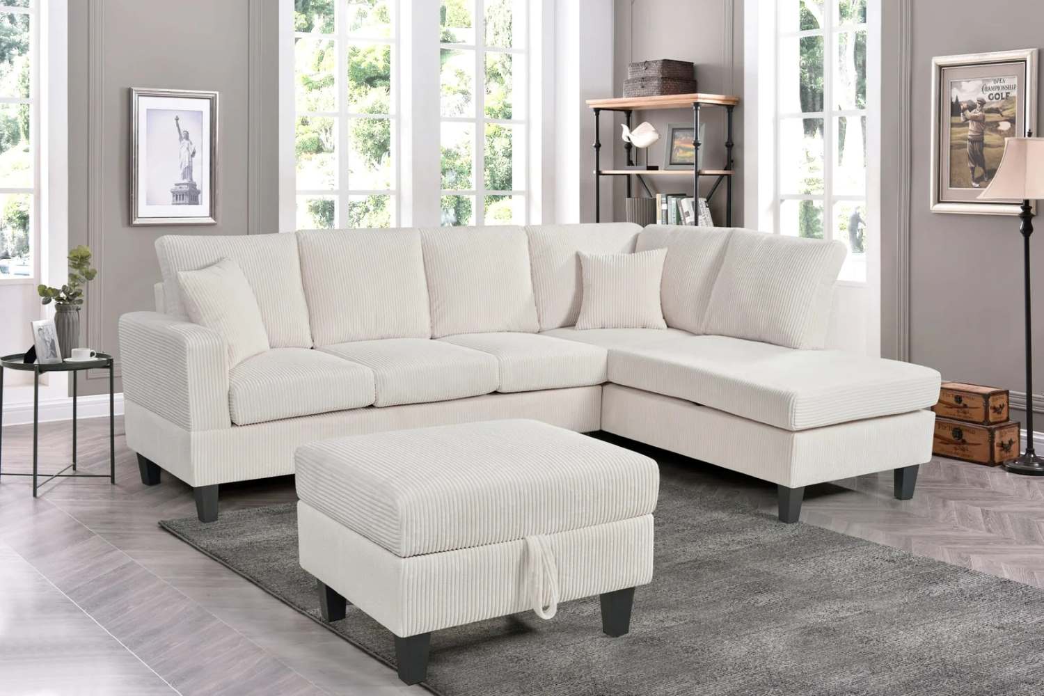 Reversible Beige Corduroy Fabric Sectional Sofa with Storage Ottoman 9937