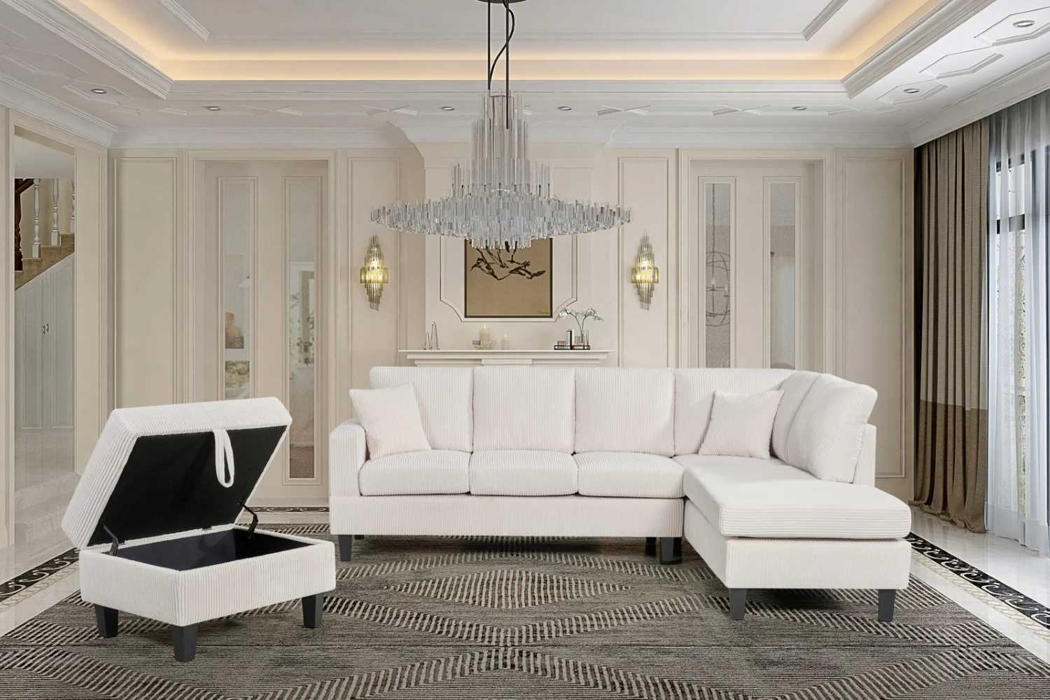 Reversible Beige Corduroy Fabric Sectional Sofa with Storage Ottoman 9937