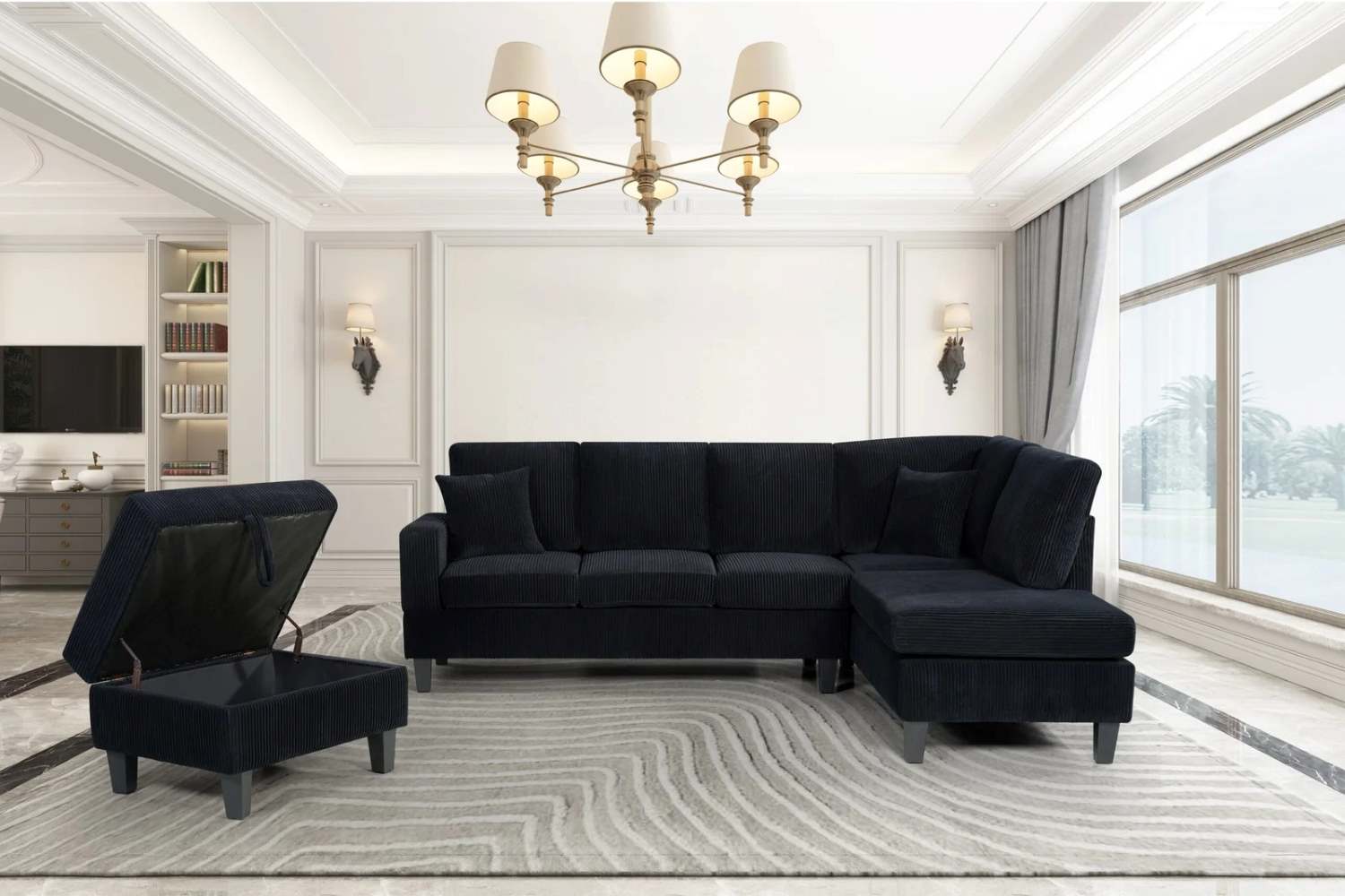 Reversible Black Corduroy Fabric Sectional Sofa with Storage Ottoman 9937