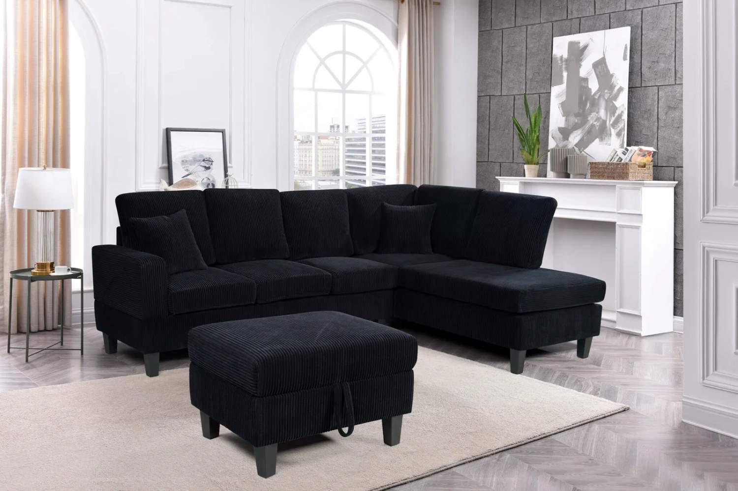 Reversible Black Corduroy Fabric Sectional Sofa with Storage Ottoman 9937