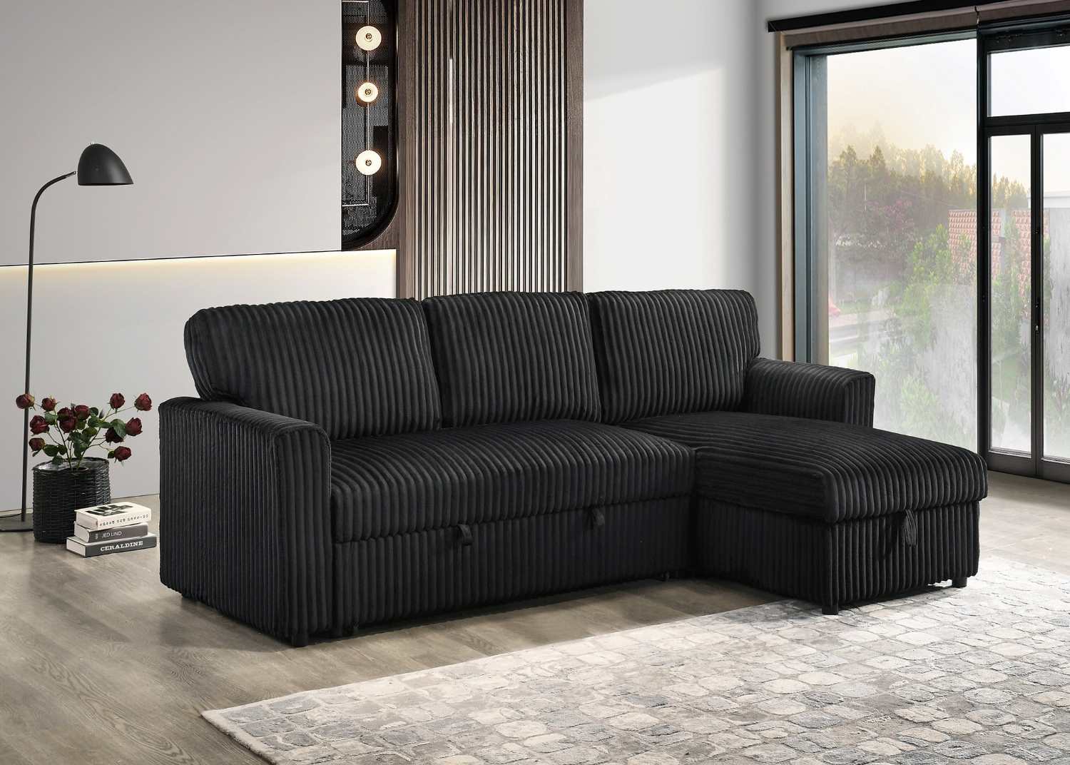 Reversible Black Sectional Sofa Bed With Large Lift-Up Storage 9024