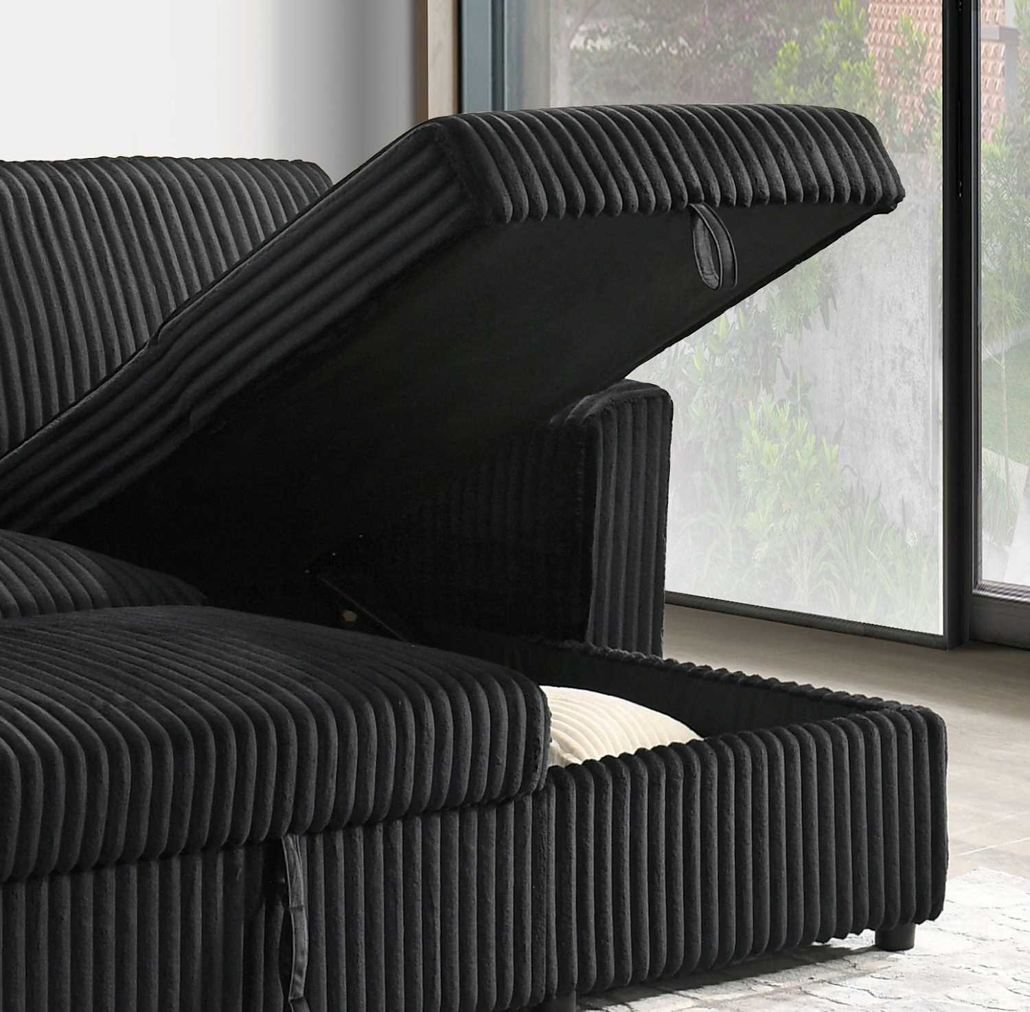 Reversible Black Sectional Sofa Bed With Large Lift-Up Storage 9024