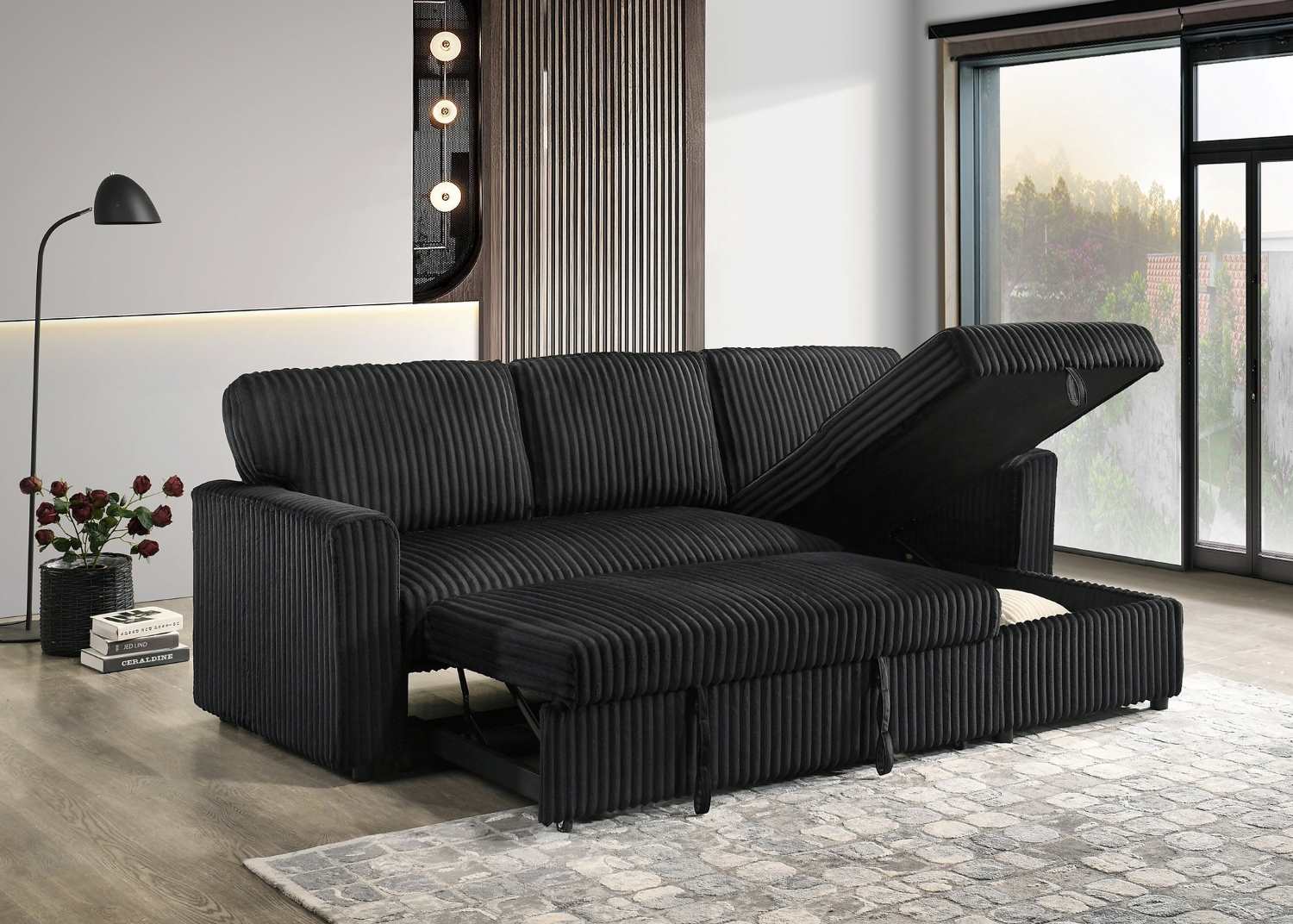 Reversible Black Sectional Sofa Bed With Large Lift-Up Storage 9024