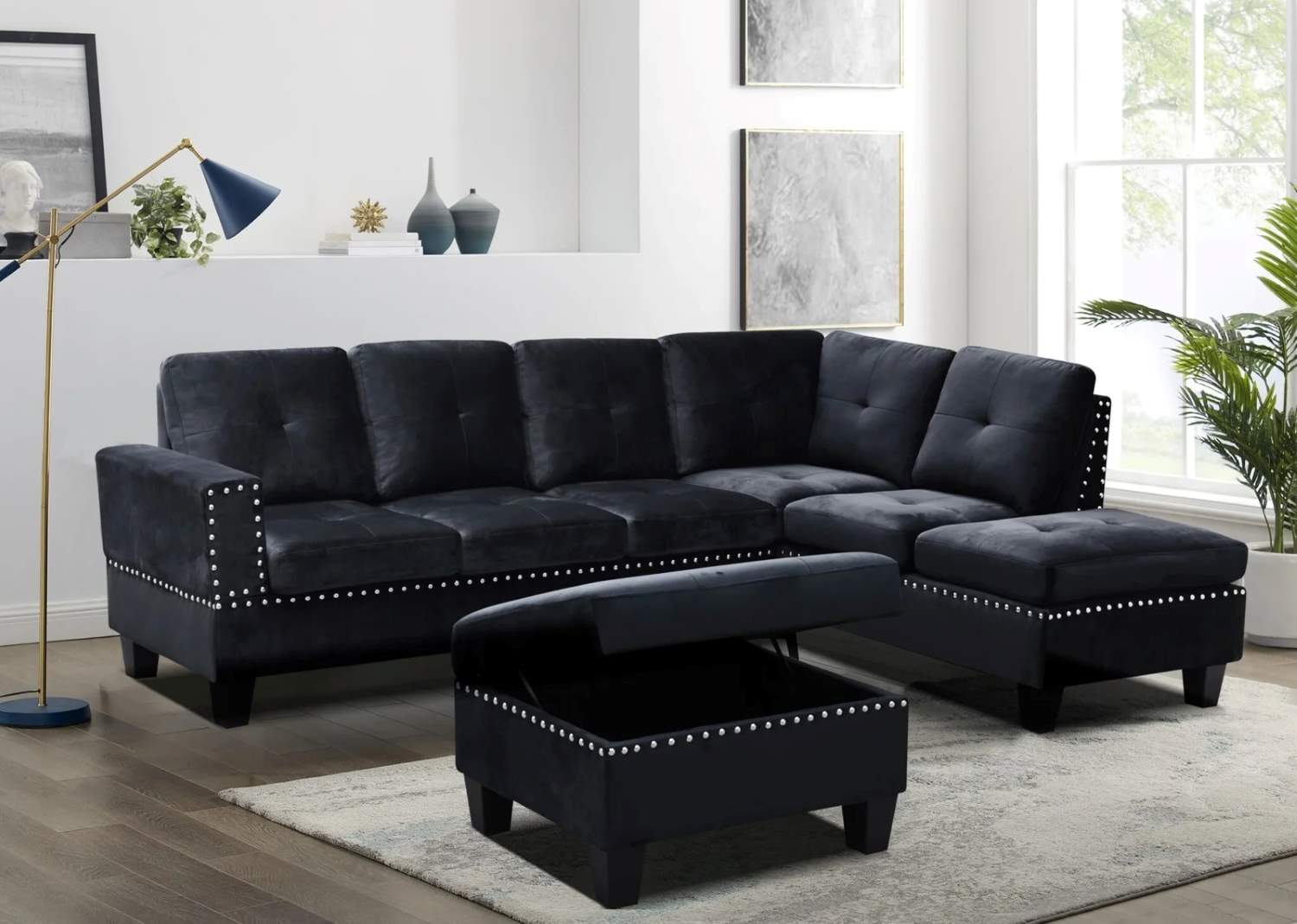 Reversible Black Sectional Sofa with Storage Ottoman 9936