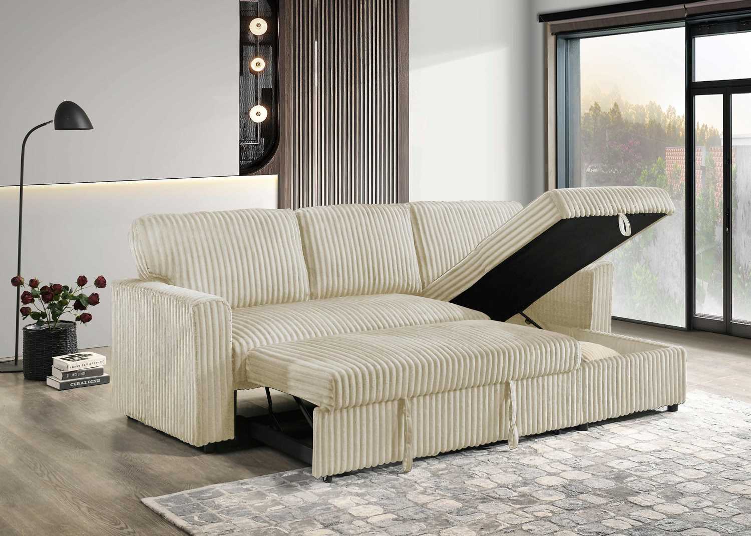 Reversible Creme Sectional Sofa Bed With Large Lift-Up Storage 9026