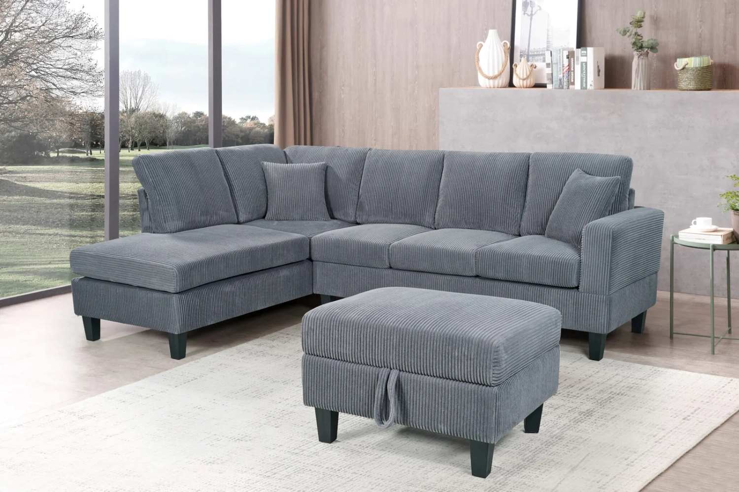 Reversible Grey Corduroy Fabric Sectional Sofa with Storage Ottoman 9937