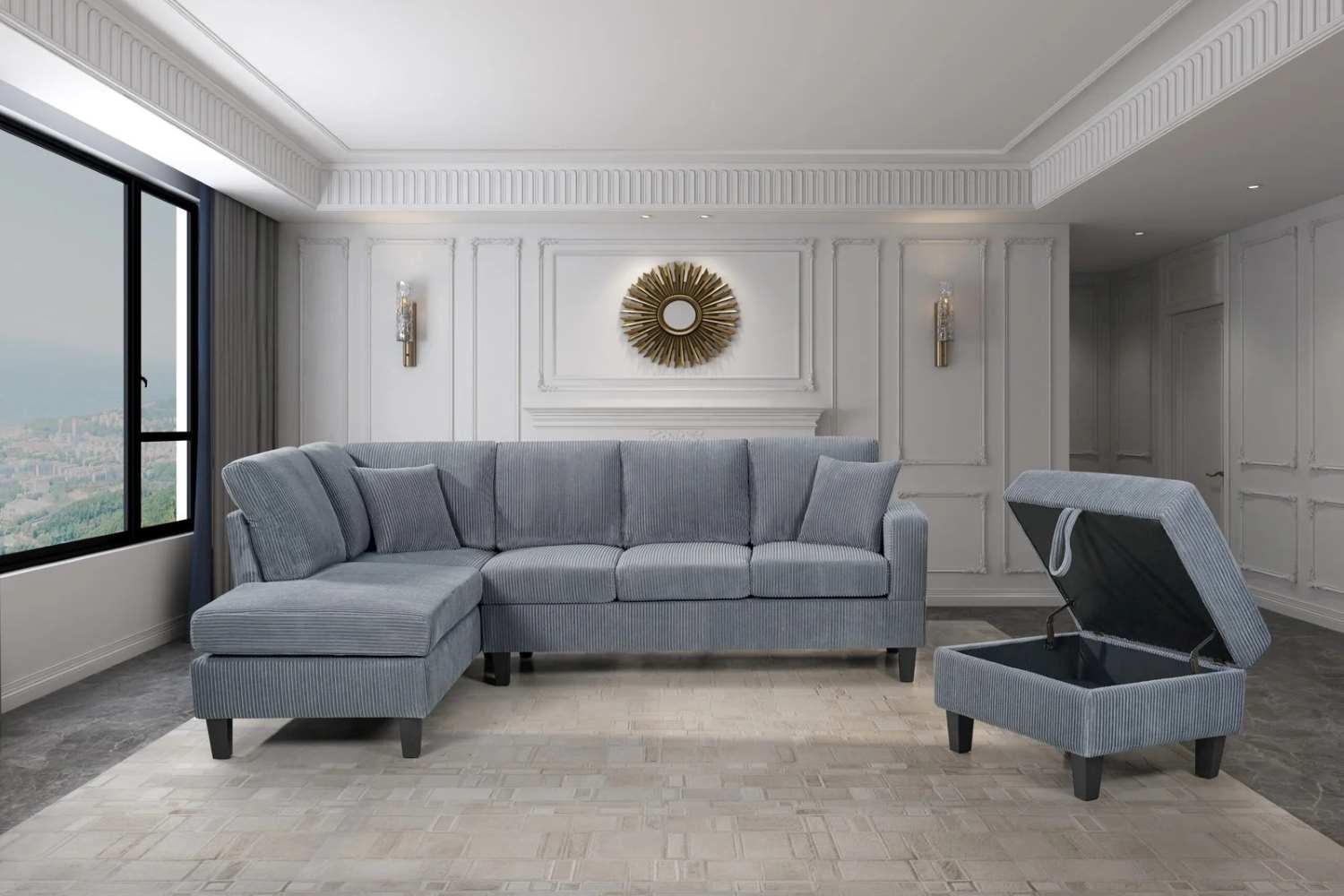 Reversible Grey Corduroy Fabric Sectional Sofa with Storage Ottoman 9937
