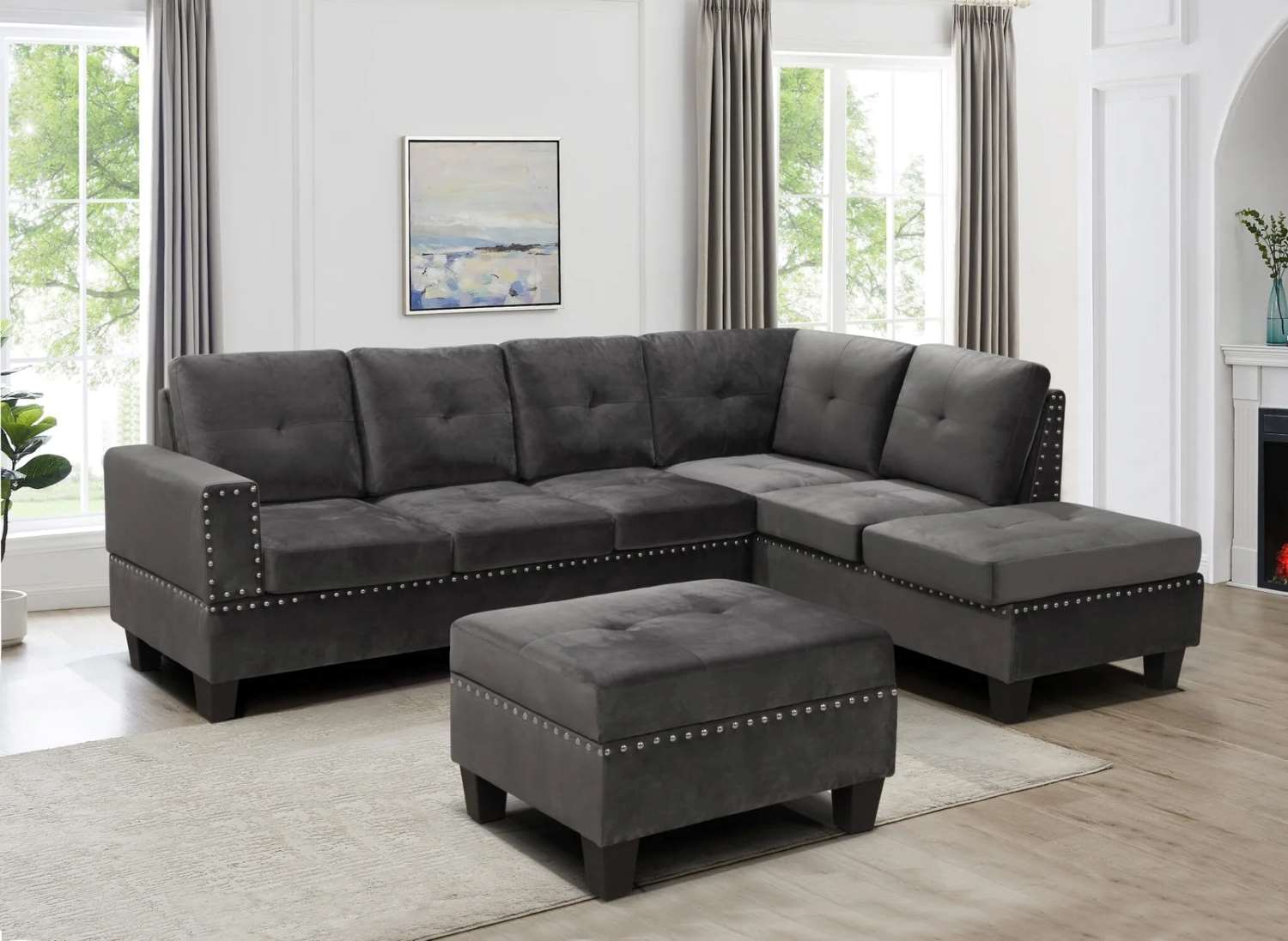 Reversible Grey Sectional Sofa with Storage Ottoman 9936