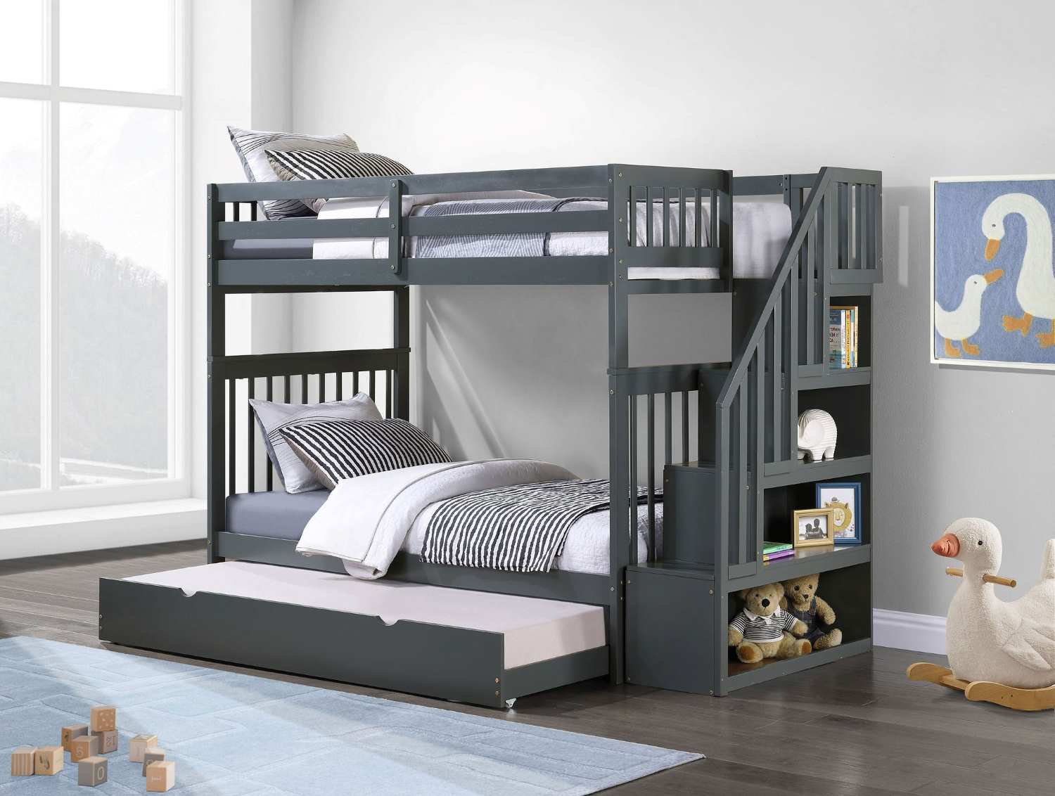 Reversible Staircase Grey BunkBed with Single Trundle 1846