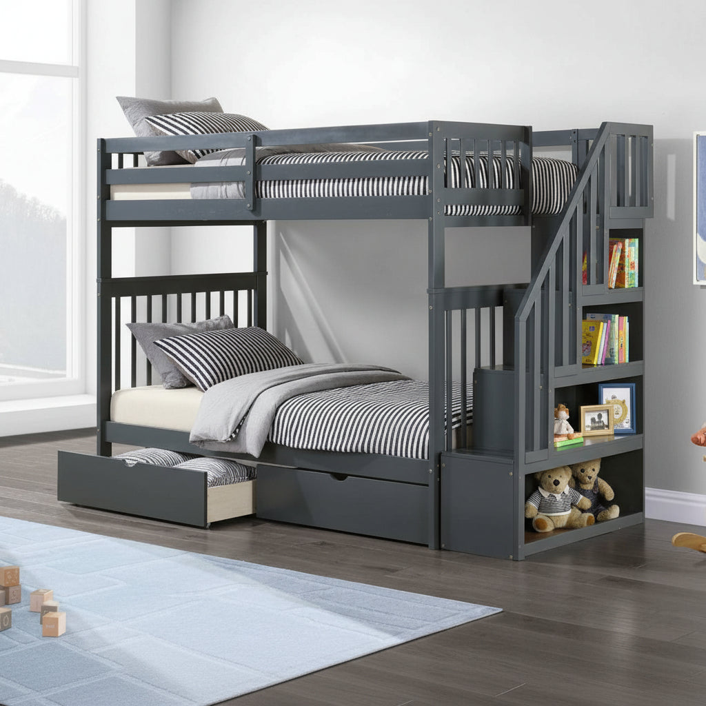 Reversible Staircase Grey BunkBed with 2 Storage Drawers 1846