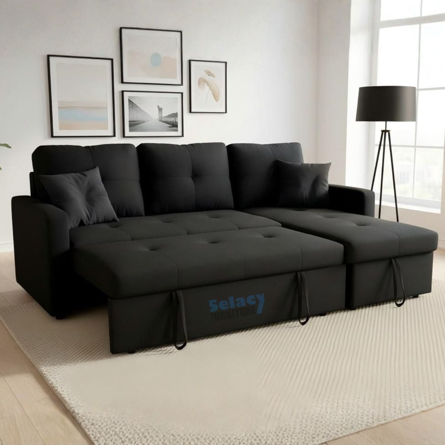 Reversible Black Fabric Pull Out Sectional Sofa Bed With Storage 1866