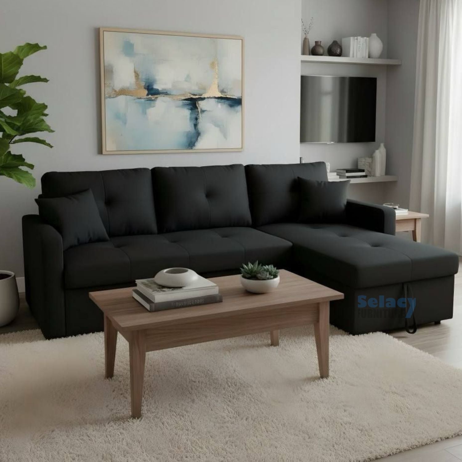 Reversible Black Fabric Pull Out Sectional Sofa Bed With Storage 1866