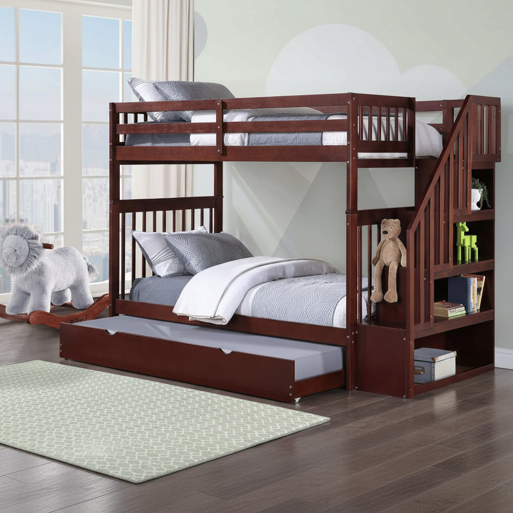 Reversible Staircase Espresso BunkBed with Single Trundle 1845