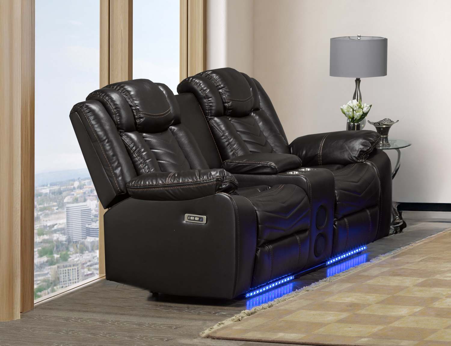 Rogue Brown Genuine Leather Power Recliner Sofa Set with Bluetooth Speaker 3765