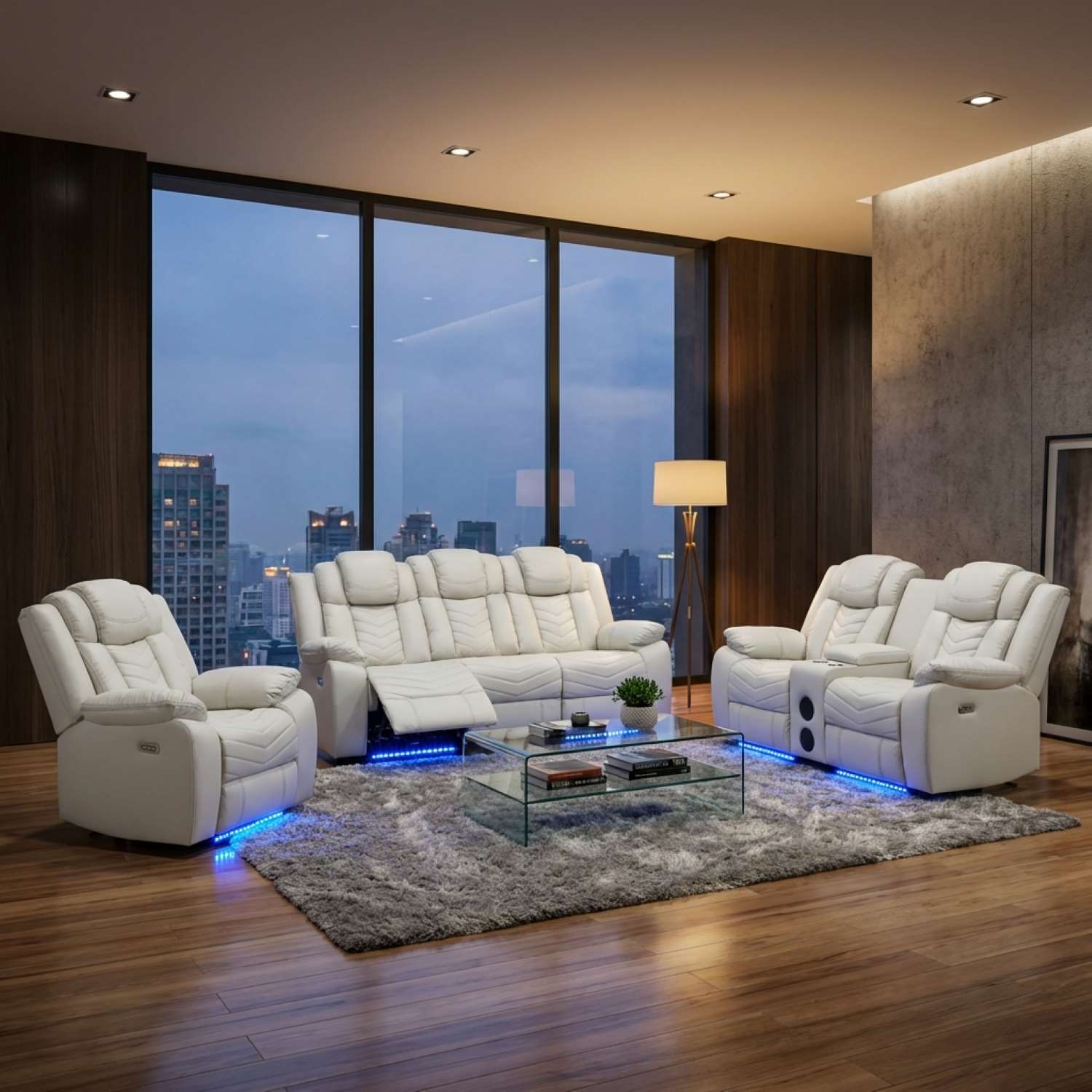 Rogue Light Grey Genuine Leather Power Recliner Sofa Set with Bluetooth Speaker 3765