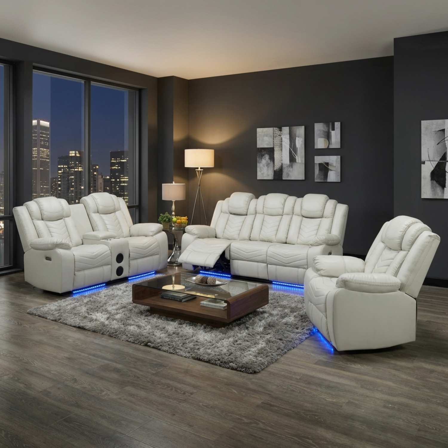 Rogue Light Grey Genuine Leather Power Recliner Sofa Set with Bluetooth Speaker 3765