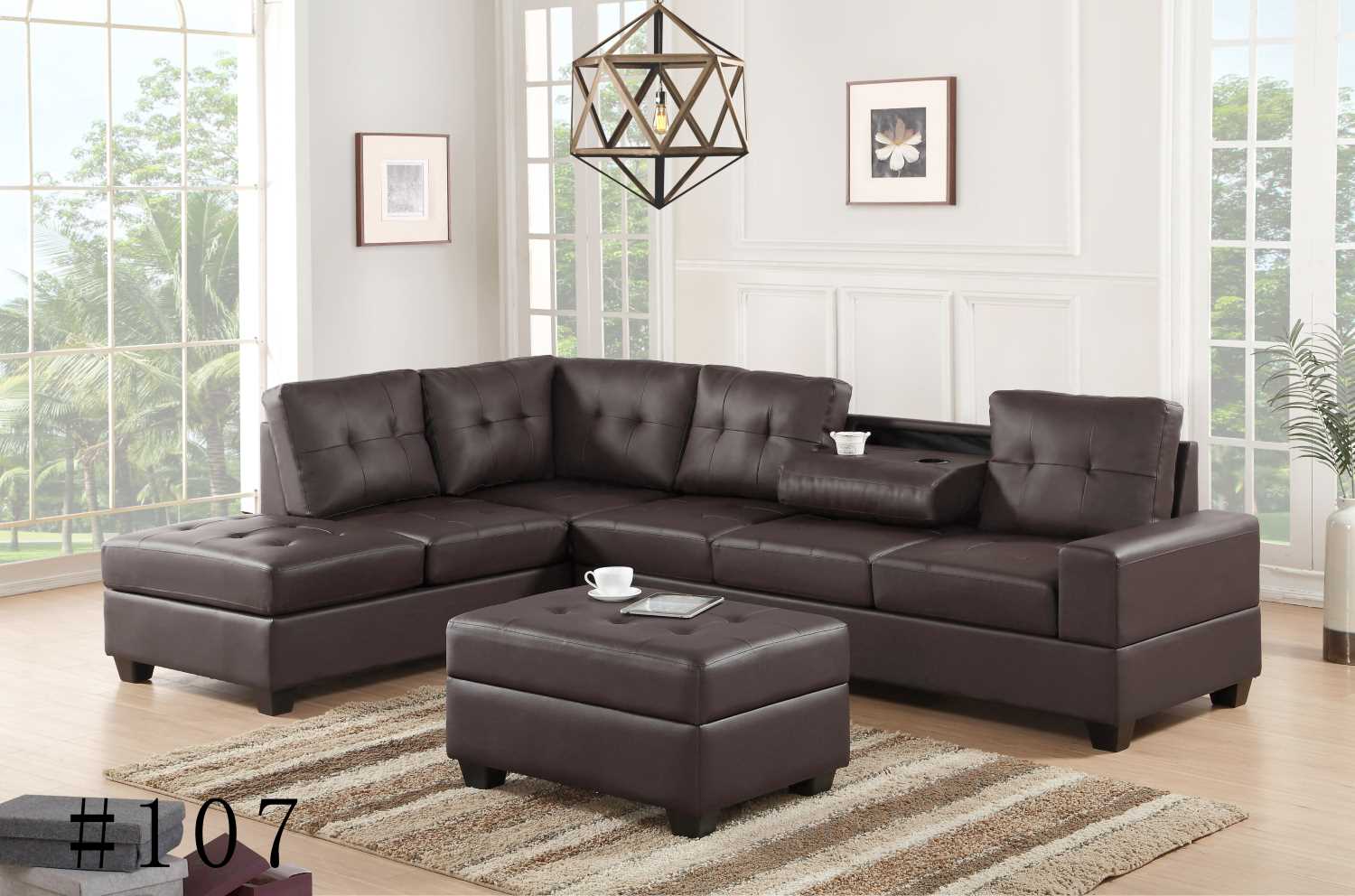 Roma Reversible Sectional Sofa with Ottoman - Brown PU