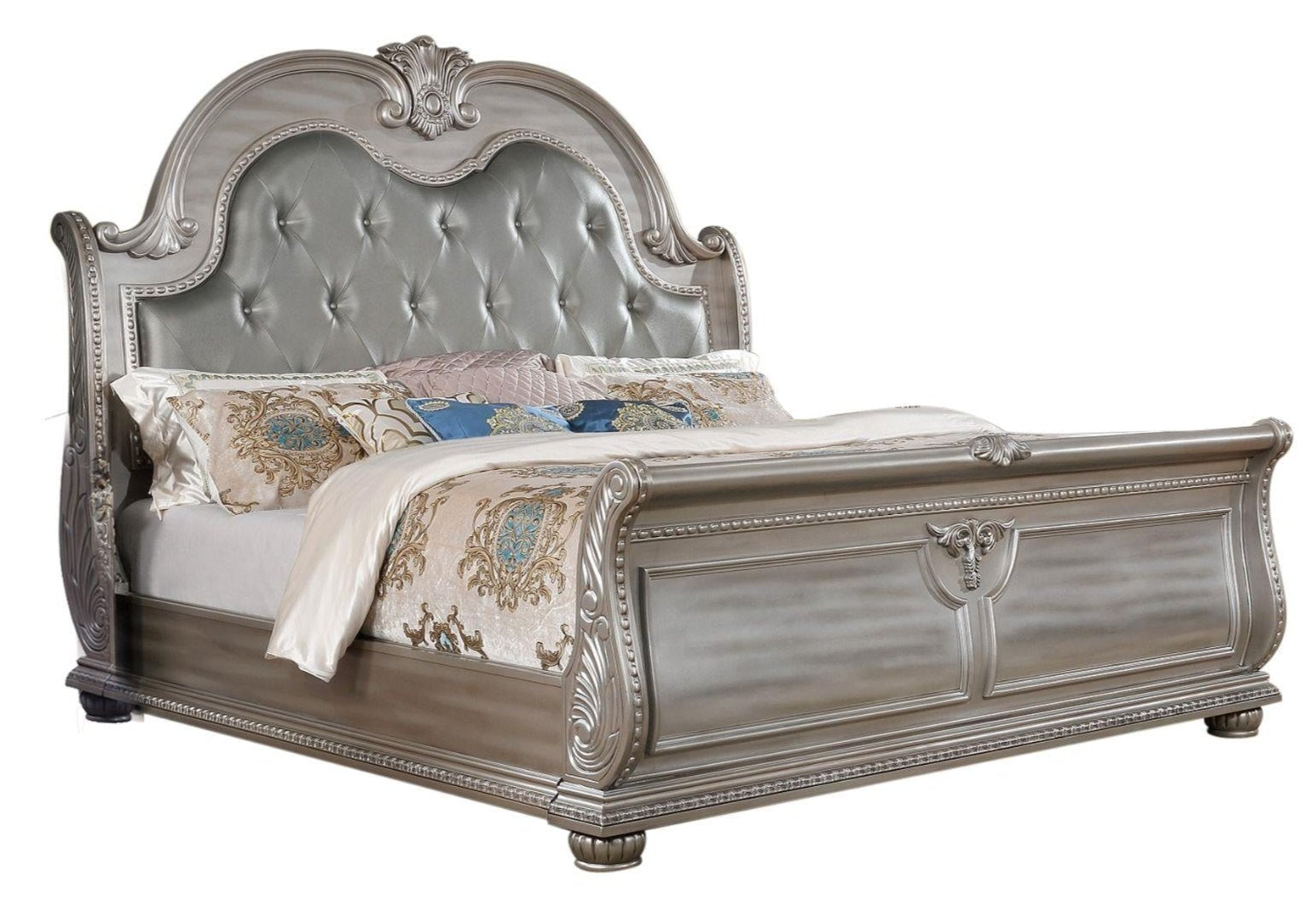 Roma Bed With Sleigh PU Headboard Silver 391