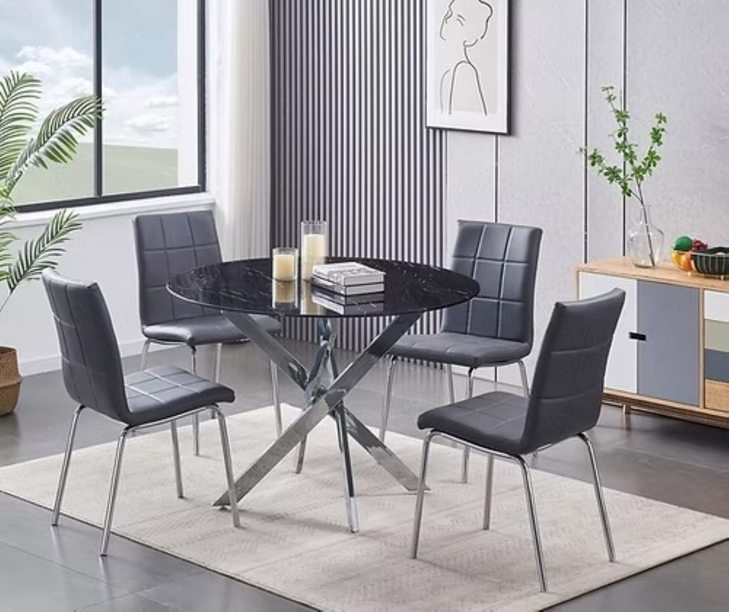 Round Tempered Black Marble Glass Dining Table T-1446