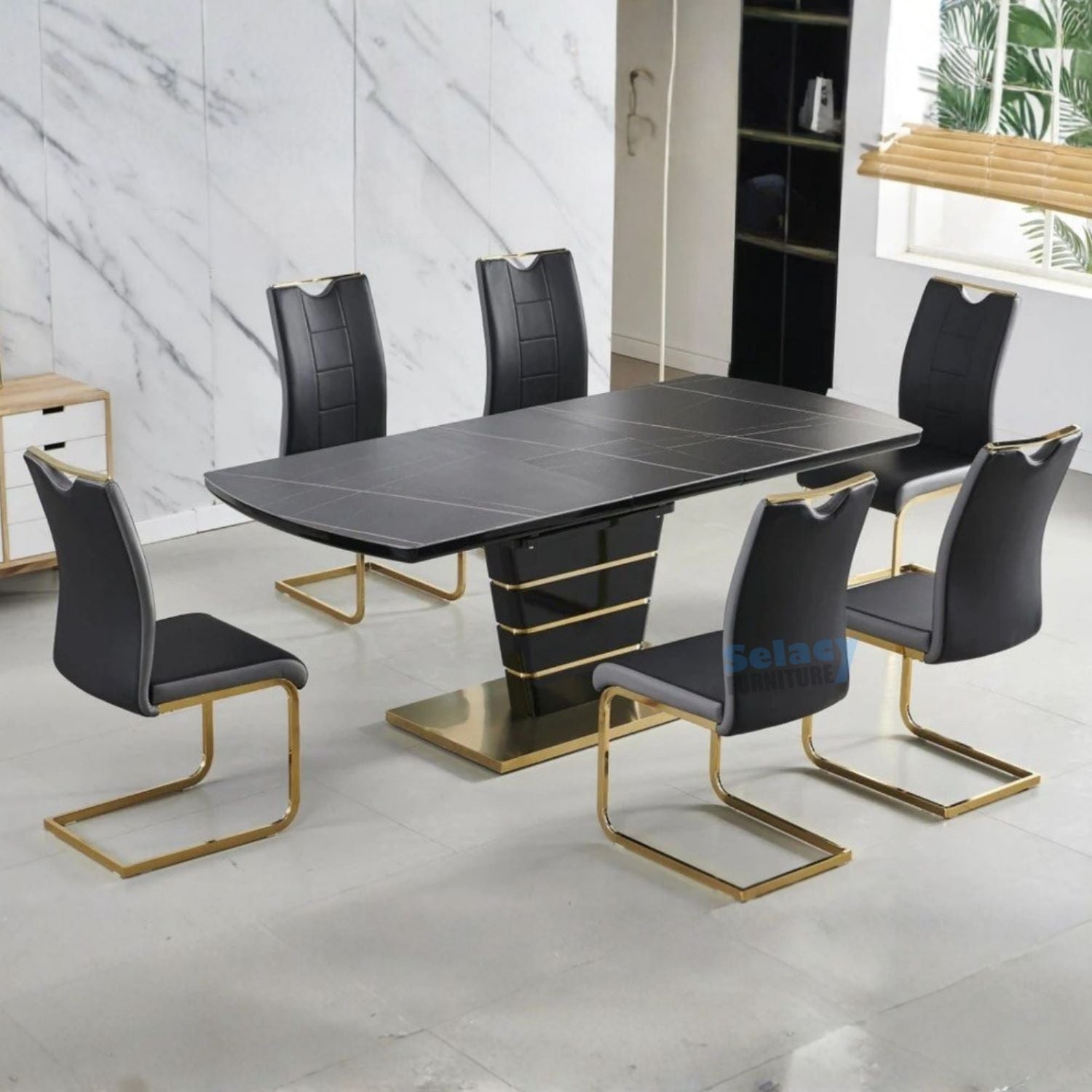 Ryan Black Extendable Ceramic 7PC Dining Set with Black & Grey PU Chairs