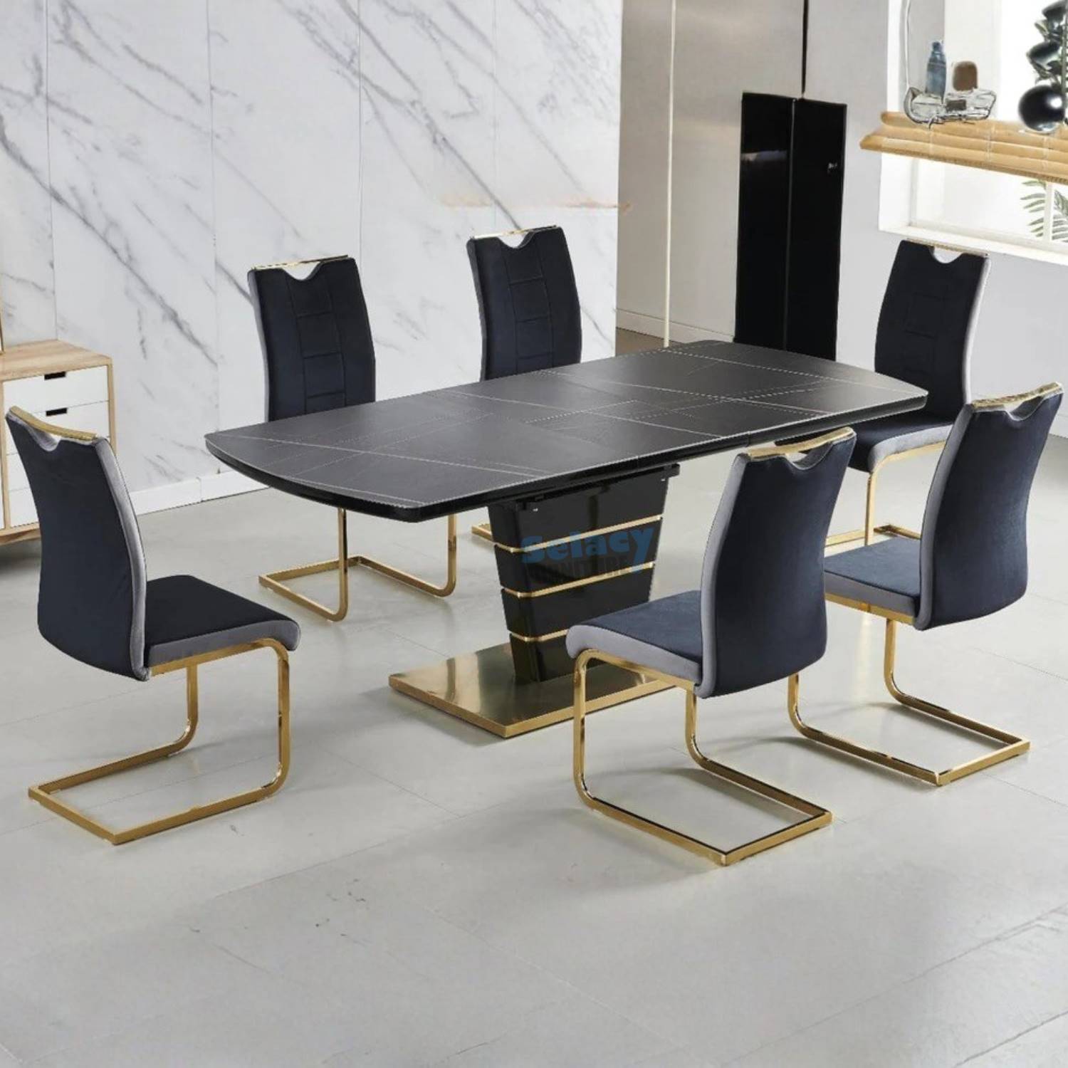 Ryan Black Extendable Ceramic 7PC Dining Set with Black & Grey Velvet Chairs