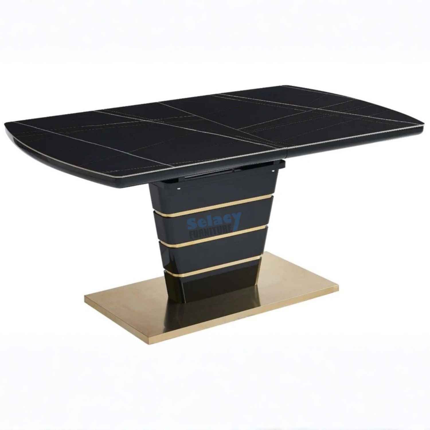 Ryan Black Extendable Ceramic 7PC Dining Set with Black & Grey Velvet Chairs